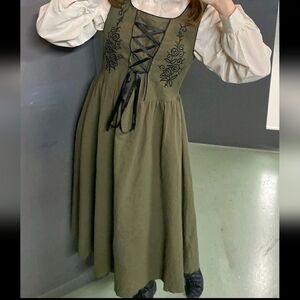 ROMWE | Fairycore Olive Green Midi Dress with Black Embroidery